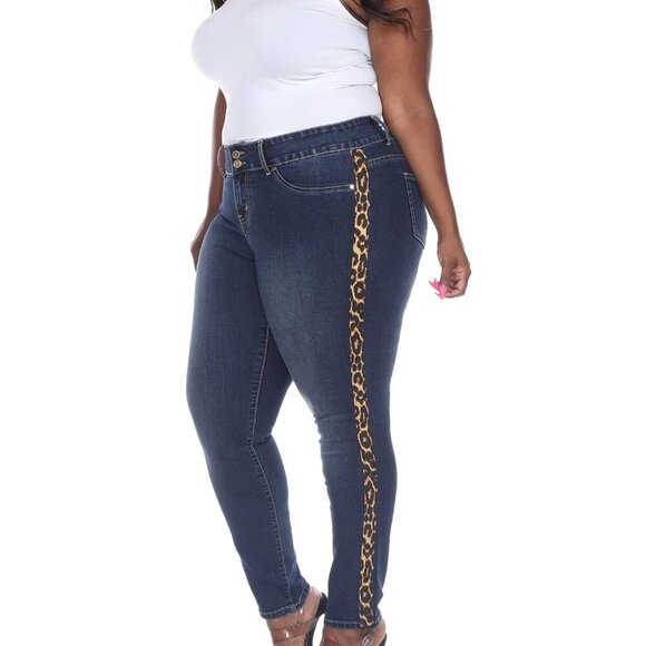 White Mark Plus Super Stretch Denim Cheetah Panel Jeans Dark Blue - Size 18 NWT - Picture 2 of 6